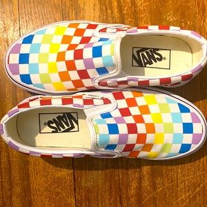 These are so cute rainbow checkered slip on vans right out of the box